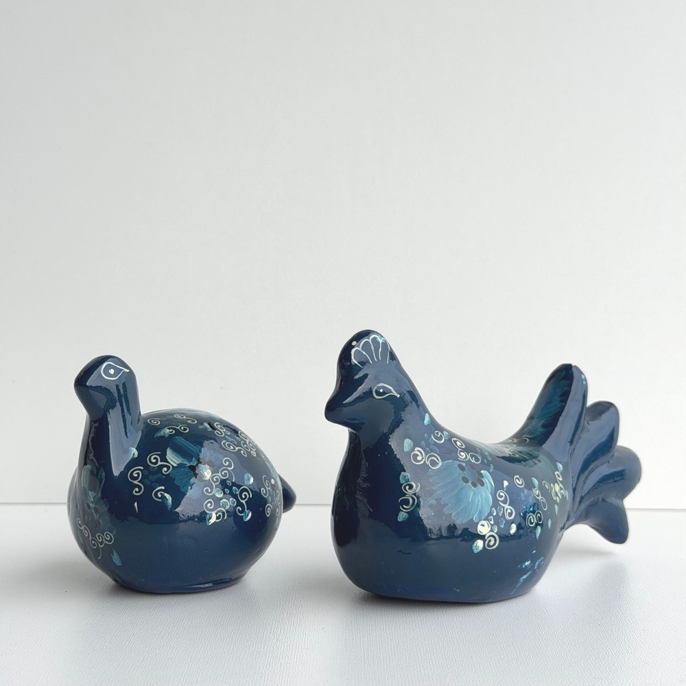 VTG Pottery Bird Set Blue Hand Painted Floral Scandinavian Cottagecore Farmhouse